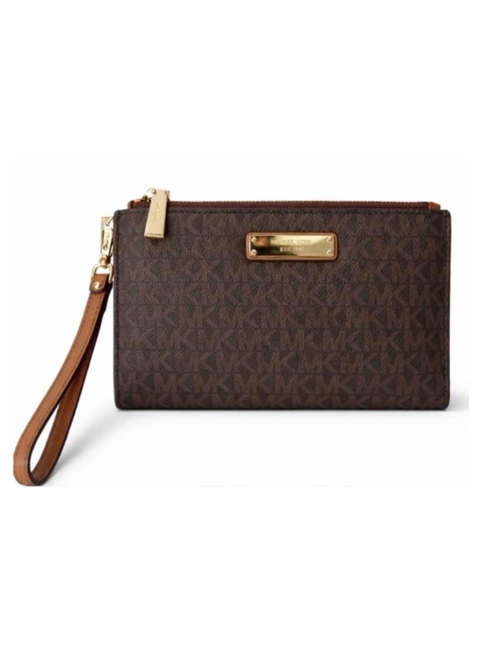 Michael Kors Jet Set Double-Zip Signature Brown Wristlet Wallet.